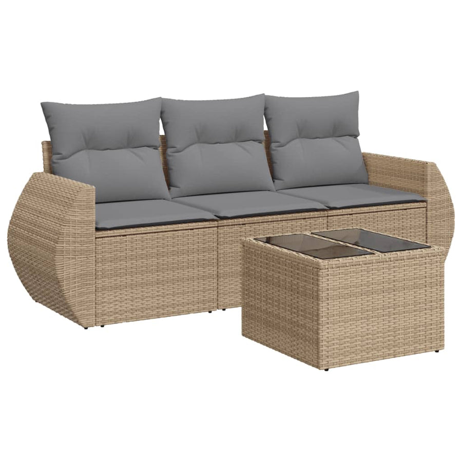 4-delige Loungeset met kussens poly rattan beige Beige en grijs Met tafel