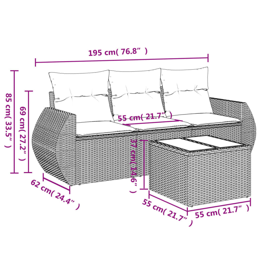 4-delige Loungeset met kussens poly rattan beige Beige en grijs Met tafel