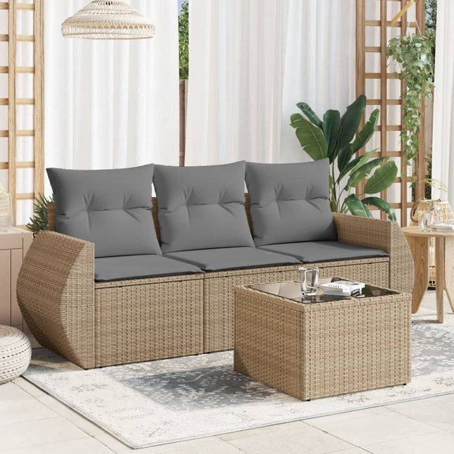 4-delige Loungeset met kussens poly rattan beige Beige en grijs Met tafel