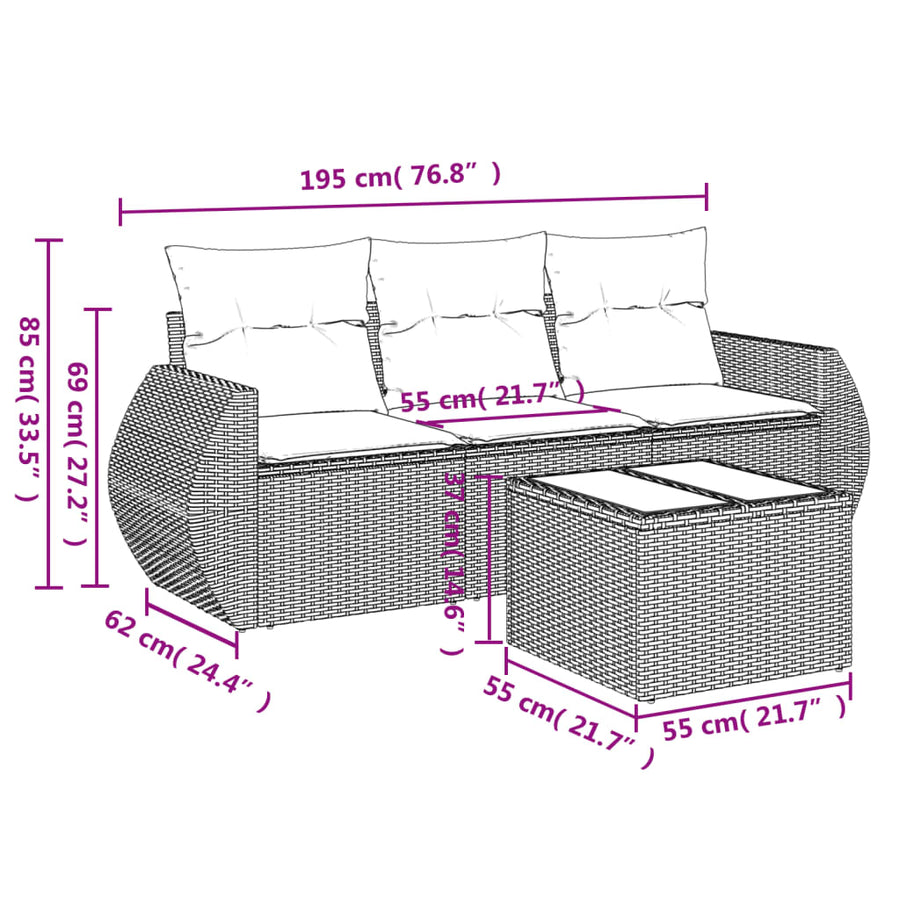 4-delige Loungeset met kussens poly rattan grijs Grijs Met tafel
