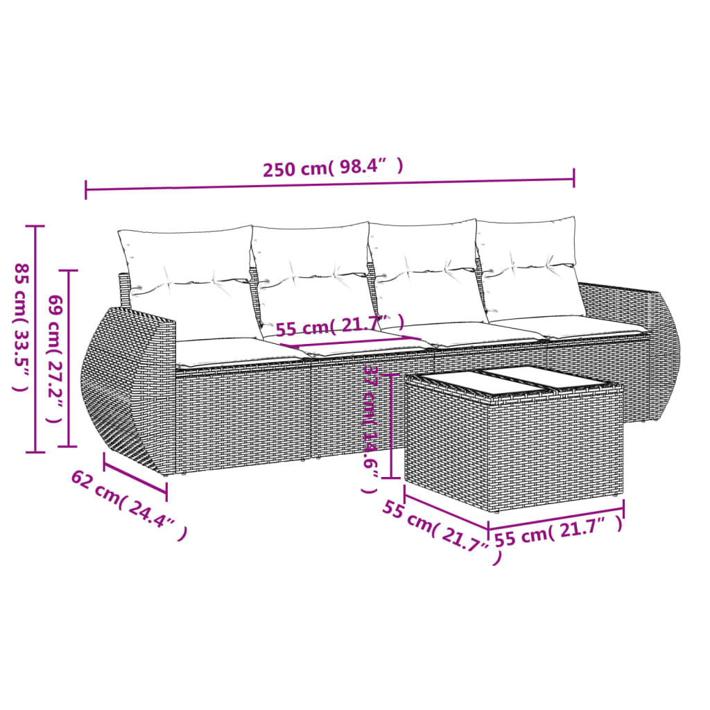 5-delige Loungeset met kussens poly rattan zwart 1 Zwart en crème