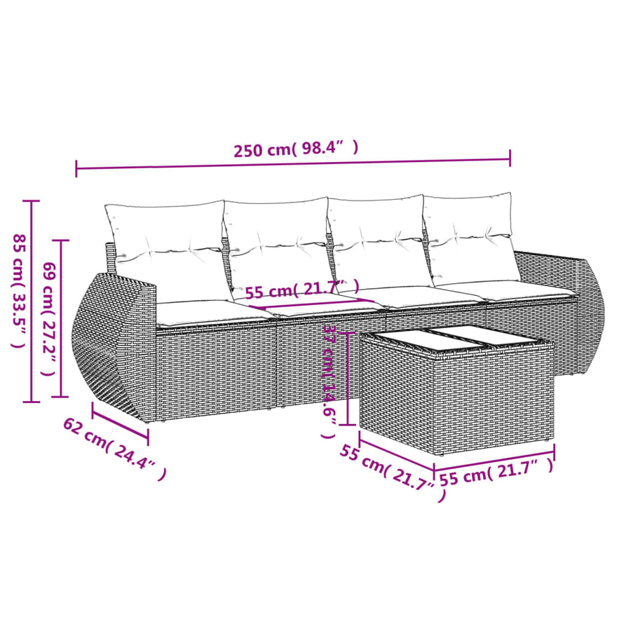 5-delige Loungeset met kussens poly rattan zwart 1 Zwart en crème