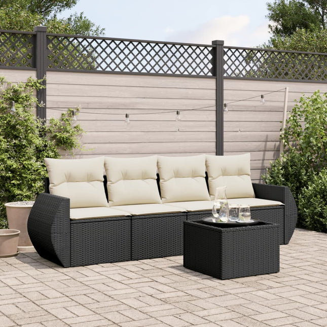 5-delige Loungeset met kussens poly rattan zwart 1 Zwart en crème