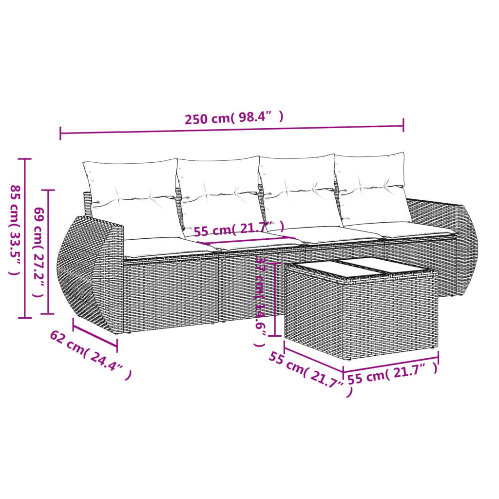 5-delige Loungeset met kussens poly rattan grijs Grijs Met tafel