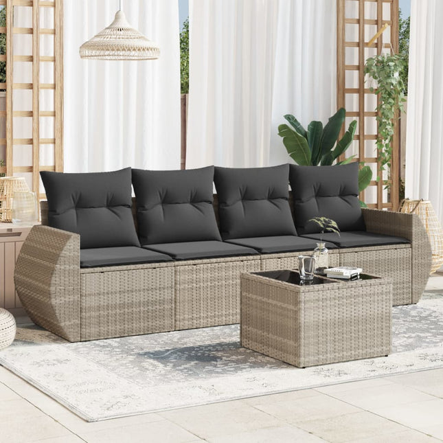 5-delige Loungeset met kussens poly rattan lichtgrijs