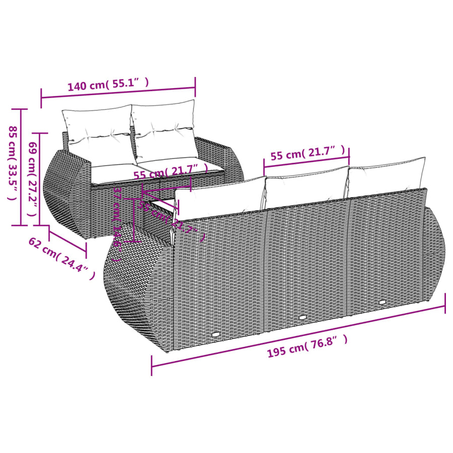 6-delige Loungeset met kussens poly rattan bruin