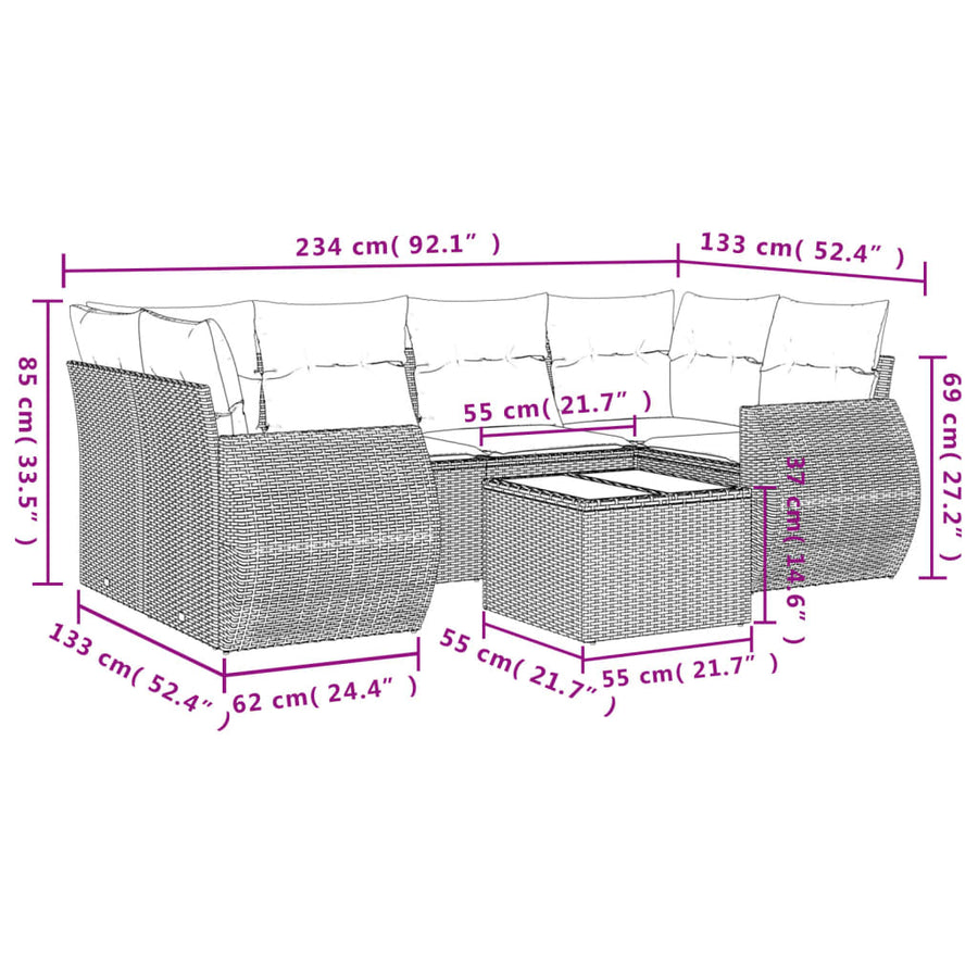 7-Delige Loungeset Met Kussens Poly Rattan Grijs