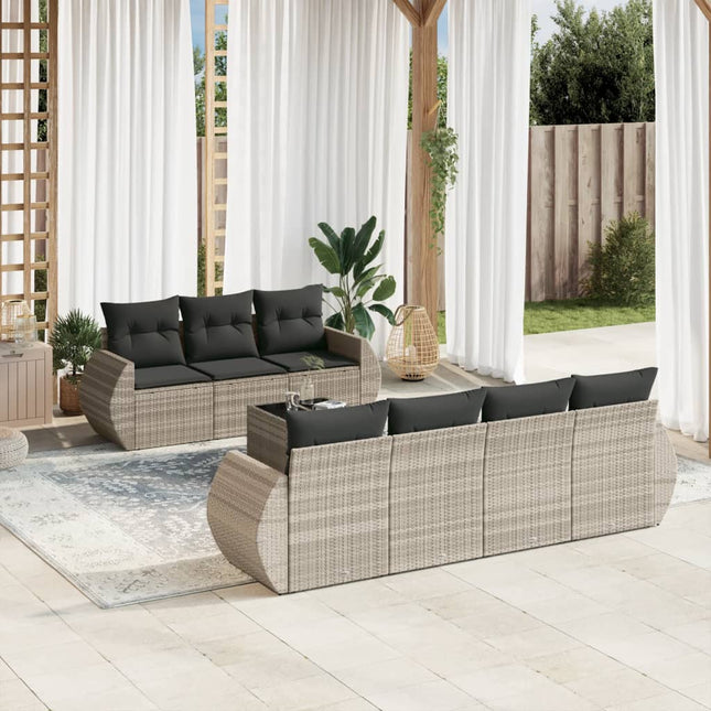 8-delige Loungeset met kussens poly rattan lichtgrijs