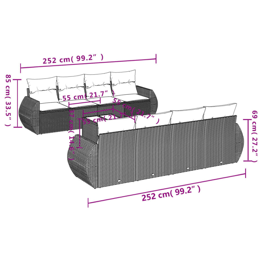 9-Delige Loungeset Met Kussens Poly Rattan Grijs