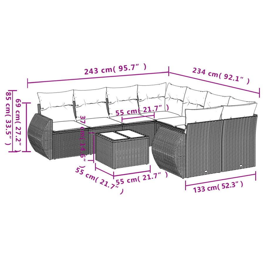 9-Delige Loungeset Met Kussens Poly Rattan Beige