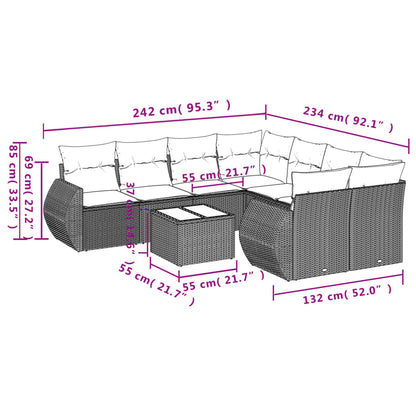 9-delige Loungeset met kussens poly rattan lichtgrijs