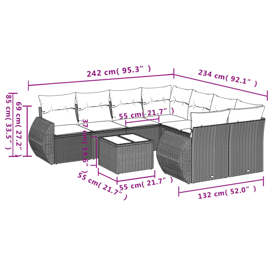 9-delige Loungeset met kussens poly rattan lichtgrijs
