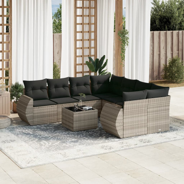 9-delige Loungeset met kussens poly rattan lichtgrijs