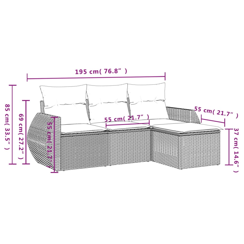 4-delige Loungeset met kussens poly rattan lichtgrijs