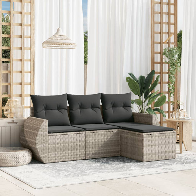 4-delige Loungeset met kussens poly rattan lichtgrijs