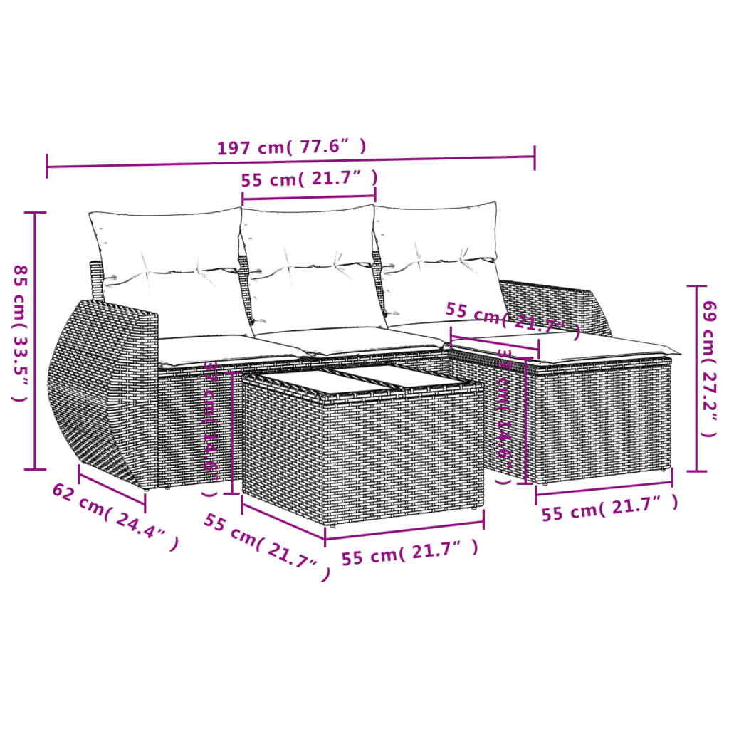 5-Delige Loungeset Met Kussens Poly Rattan Beige
