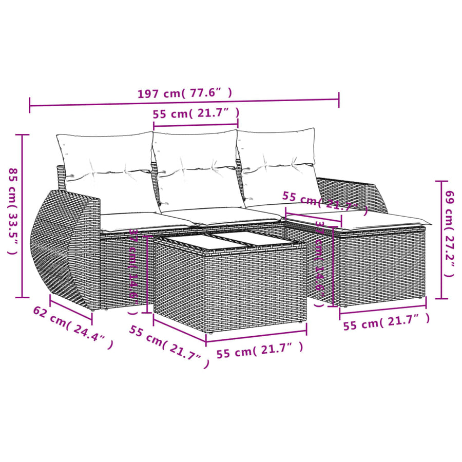 5-Delige Loungeset Met Kussens Poly Rattan Grijs