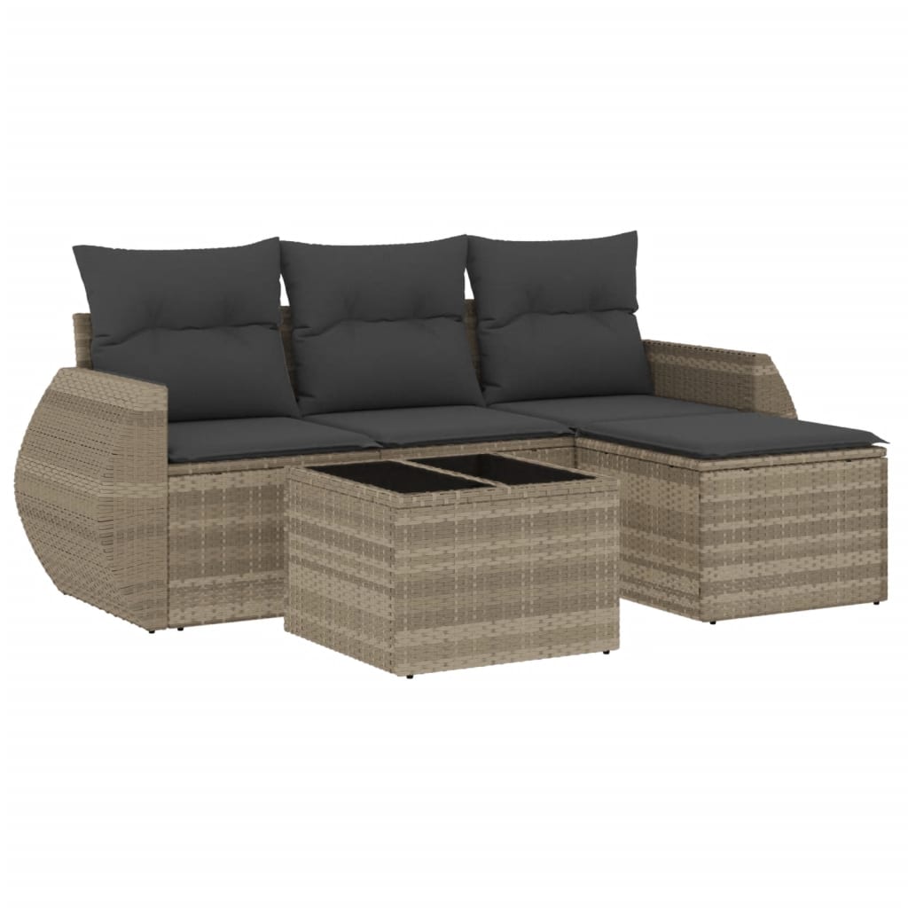 5-delige Loungeset met kussens poly rattan lichtgrijs