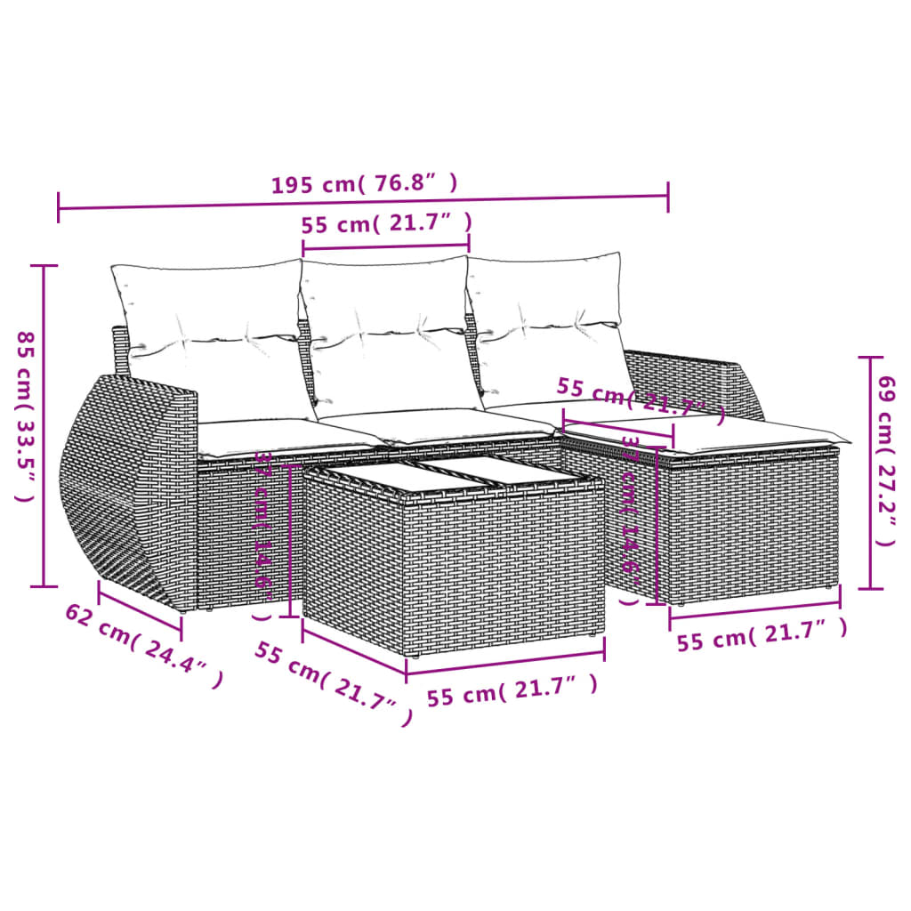 5-delige Loungeset met kussens poly rattan lichtgrijs