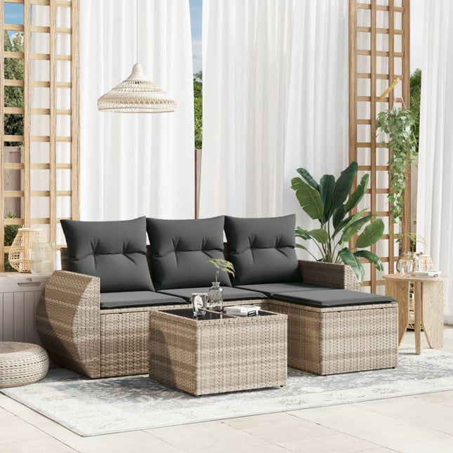 5-delige Loungeset met kussens poly rattan lichtgrijs