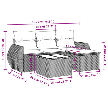 5-delige Loungeset met kussens poly rattan bruin