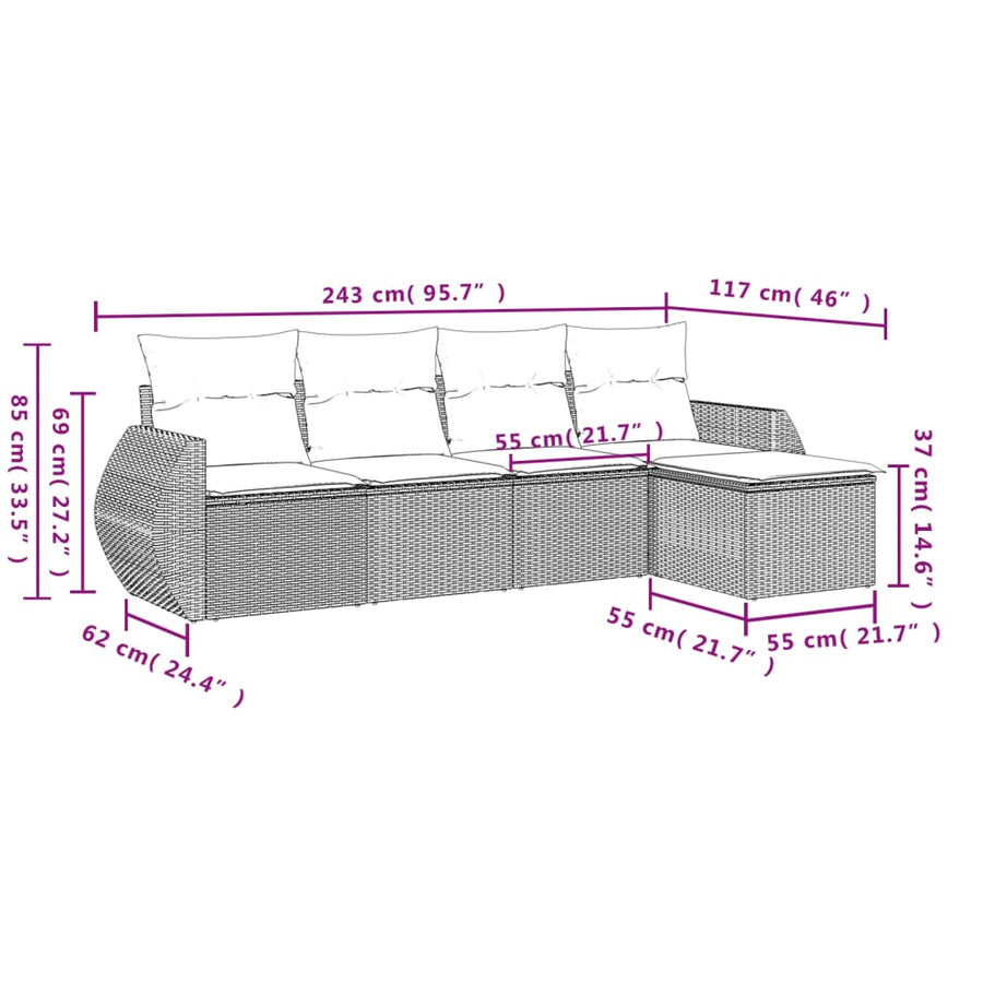 5-Delige Loungeset Met Kussens Poly Rattan Beige