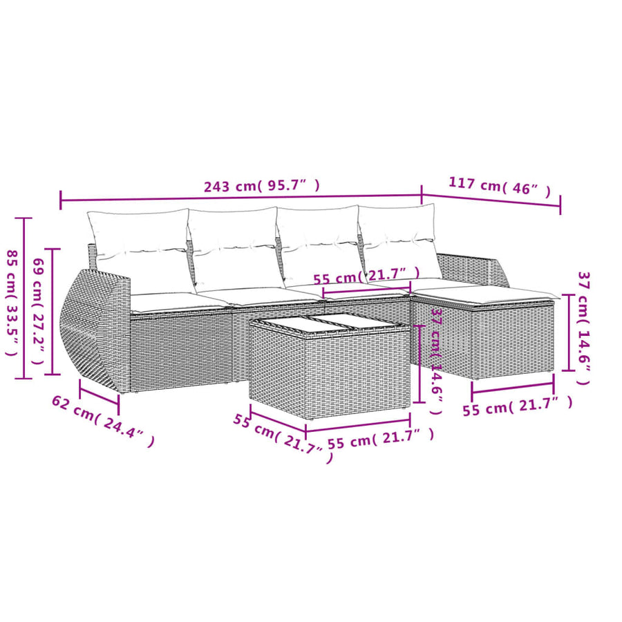 6-Delige Loungeset Met Kussens Poly Rattan Beige