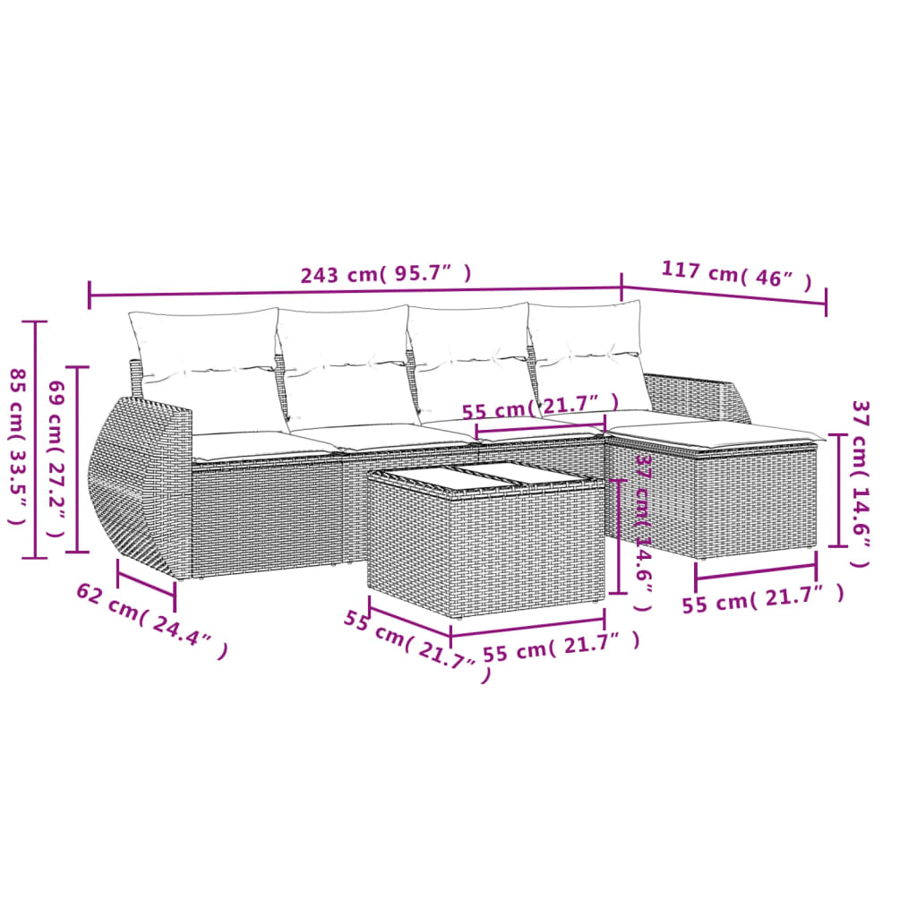 6-Delige Loungeset Met Kussens Poly Rattan Grijs