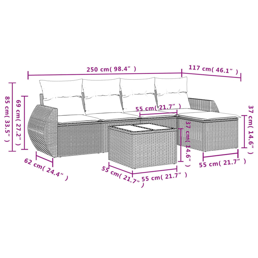 6-delige Loungeset met kussens poly rattan bruin