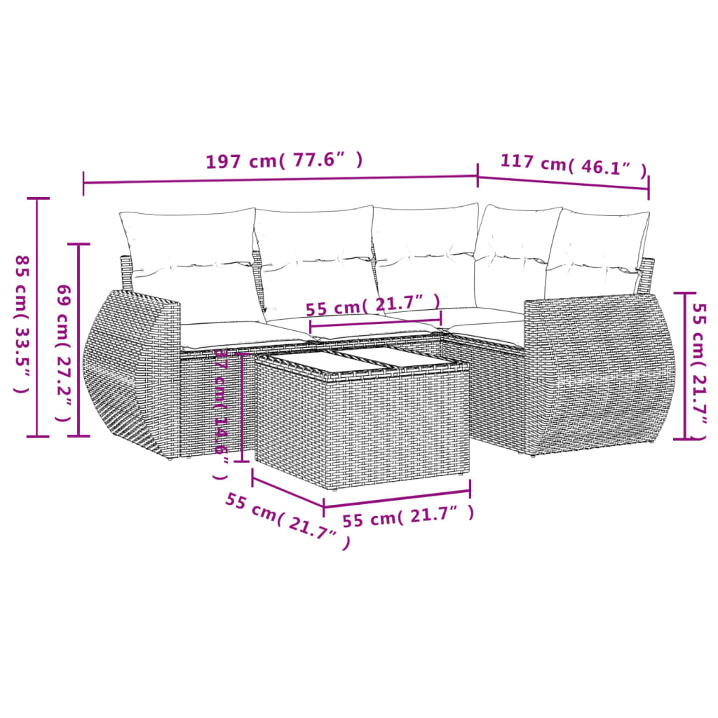 5-Delige Loungeset Met Kussens Poly Rattan Beige