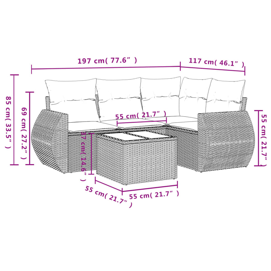 5-Delige Loungeset Met Kussens Poly Rattan Beige
