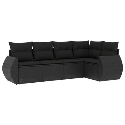 5-delige Loungeset met kussens poly rattan zwart 1 Zwart