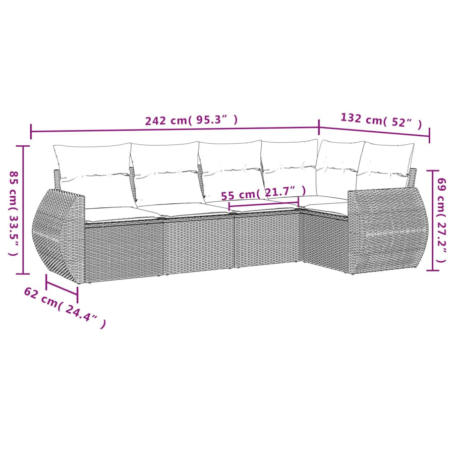 5-delige Loungeset met kussens poly rattan zwart 1 Zwart