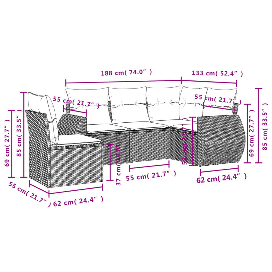 5-Delige Loungeset Met Kussens Poly Rattan Zwart