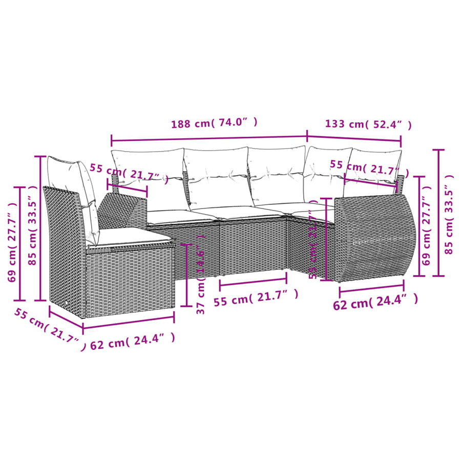 5-Delige Loungeset Met Kussens Poly Rattan Beige