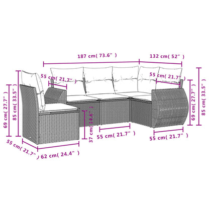 5-delige Loungeset met kussens poly rattan lichtgrijs