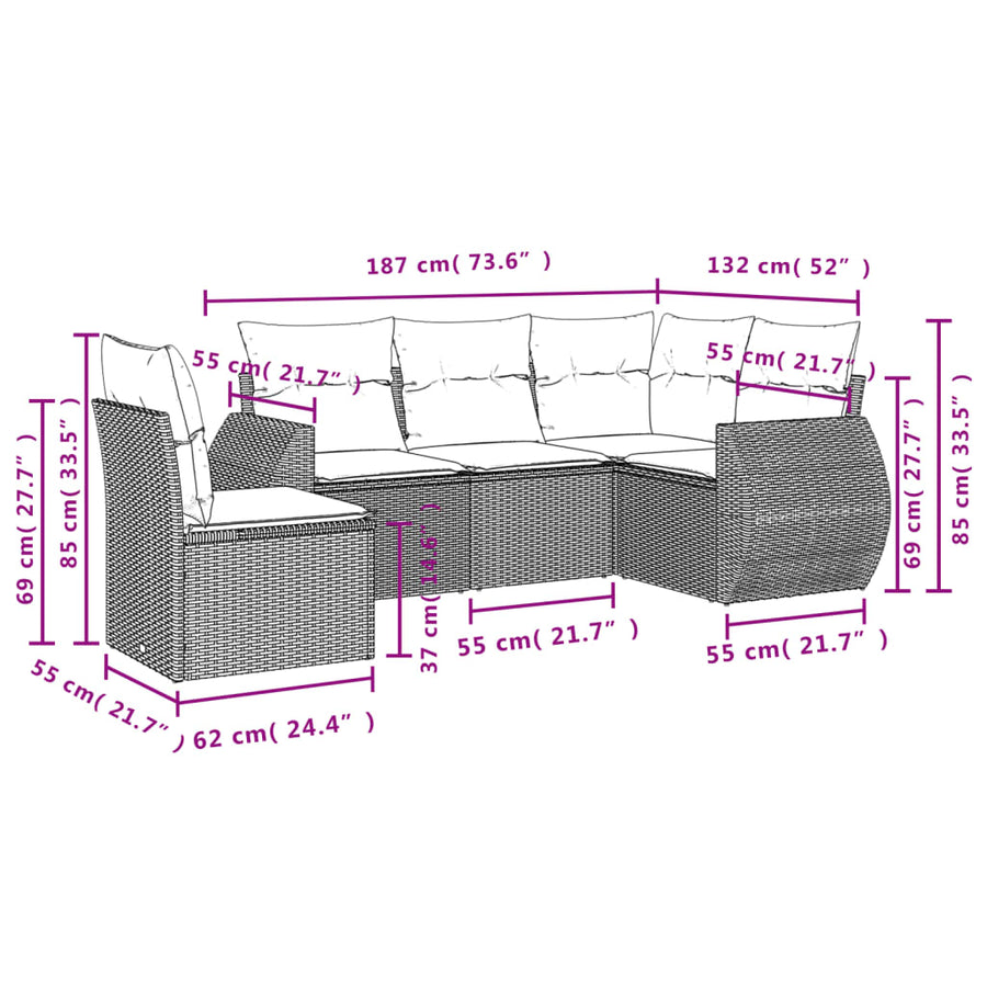 5-delige Loungeset met kussens poly rattan lichtgrijs