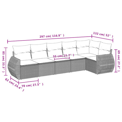 6-delige Loungeset met kussens poly rattan lichtgrijs