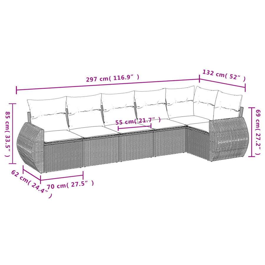 6-delige Loungeset met kussens poly rattan lichtgrijs