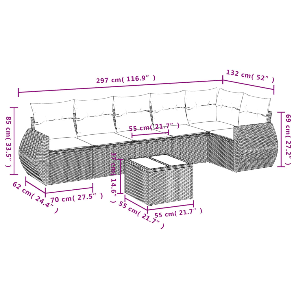 7-delige Loungeset met kussens poly rattan lichtgrijs