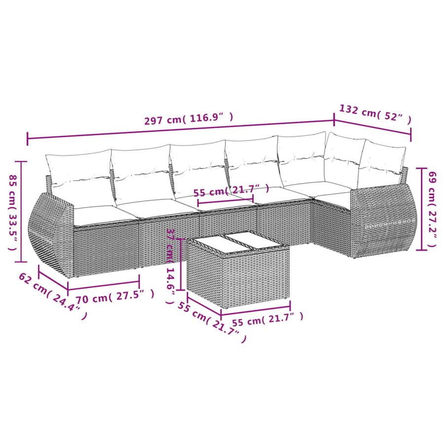 7-delige Loungeset met kussens poly rattan lichtgrijs