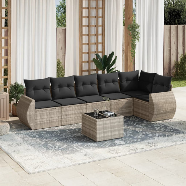 7-delige Loungeset met kussens poly rattan lichtgrijs