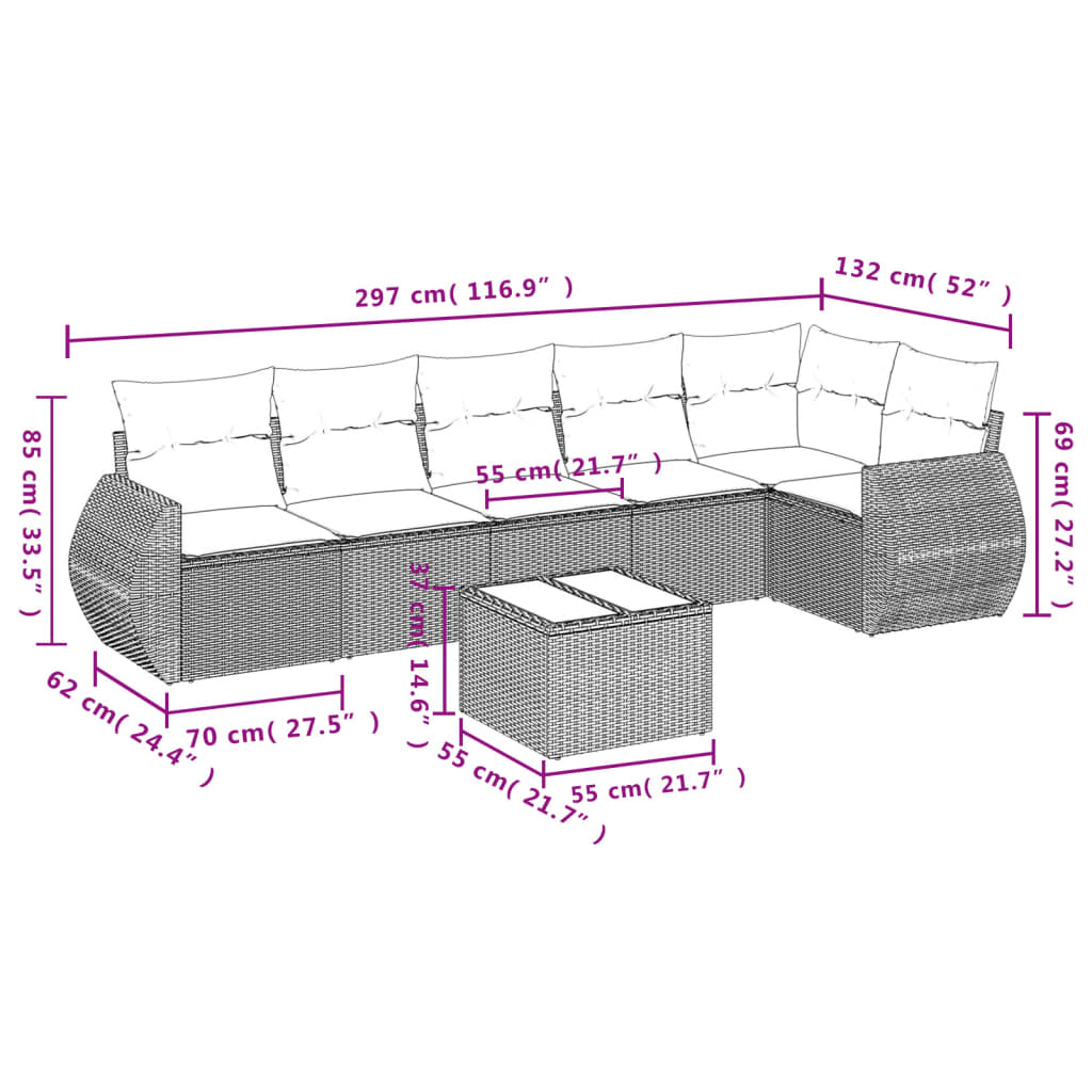 7-delige Loungeset met kussens poly rattan bruin