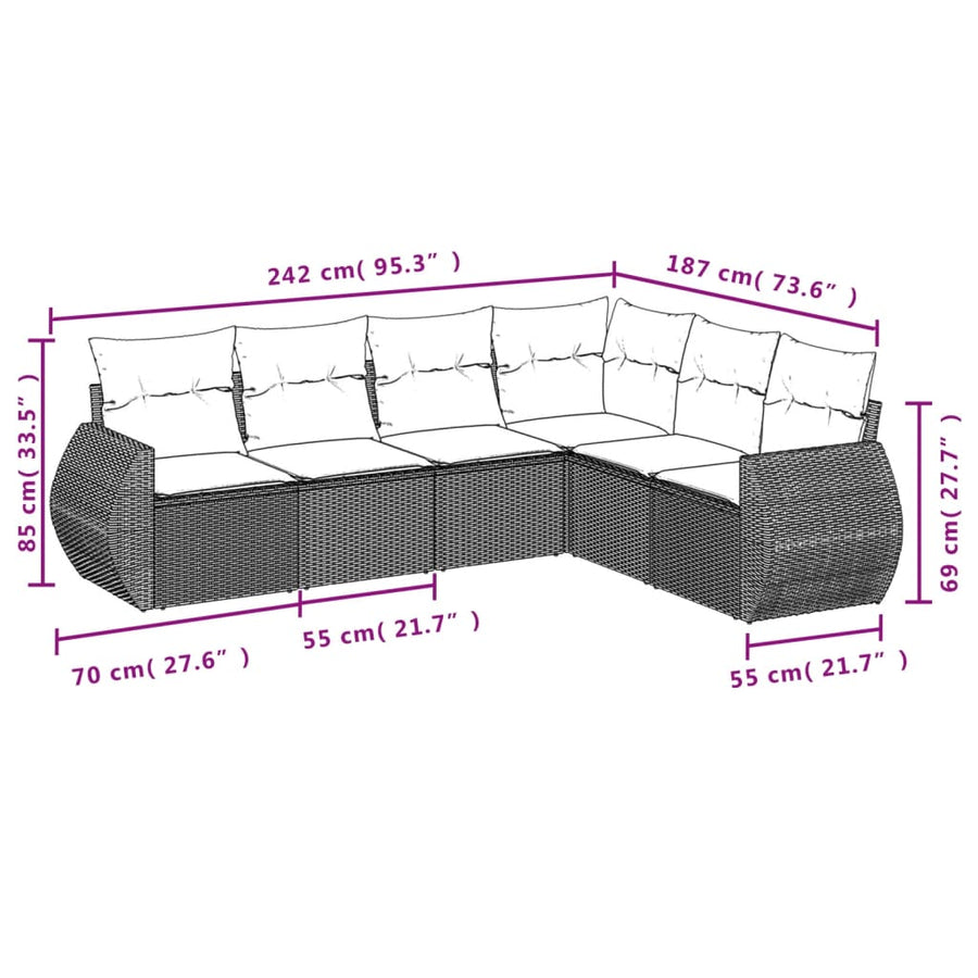 6-delige Loungeset met kussens poly rattan lichtgrijs