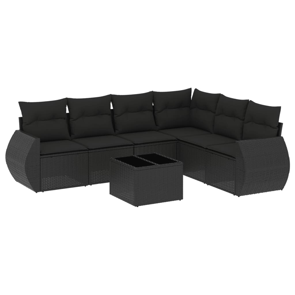7-delige Loungeset met kussens poly rattan zwart 1 Zwart