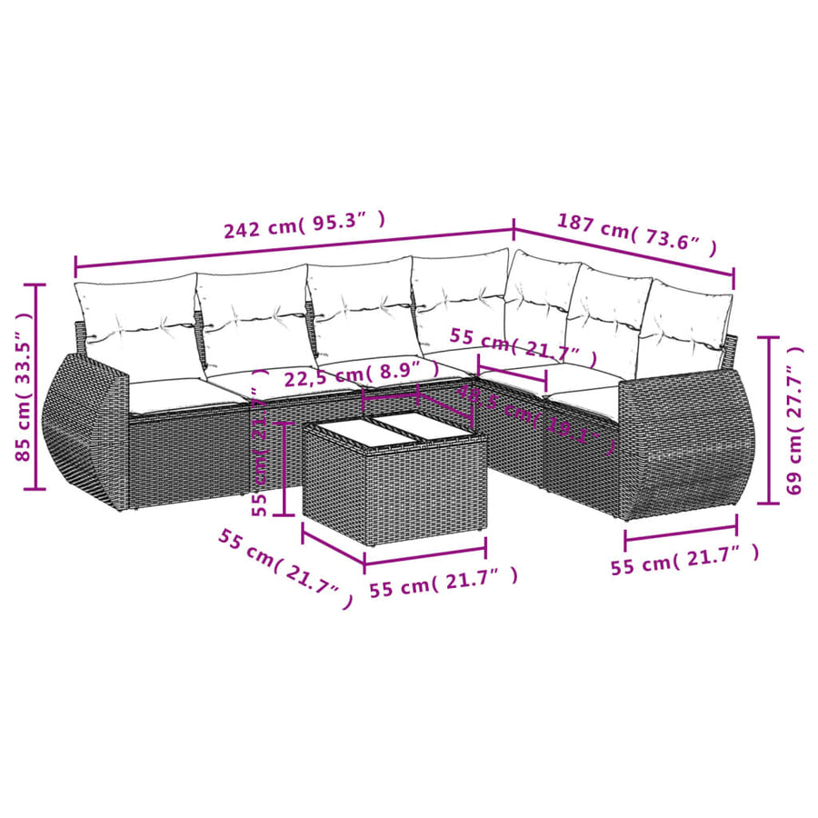 7-delige Loungeset met kussens poly rattan zwart 1 Zwart