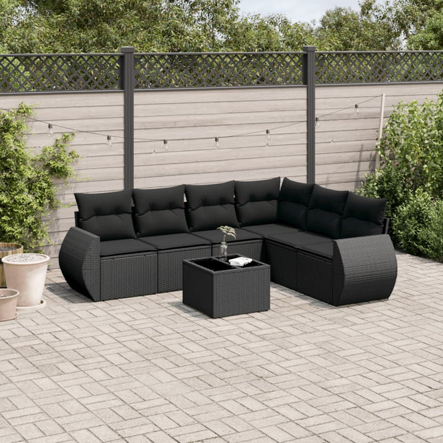 7-delige Loungeset met kussens poly rattan zwart 1 Zwart