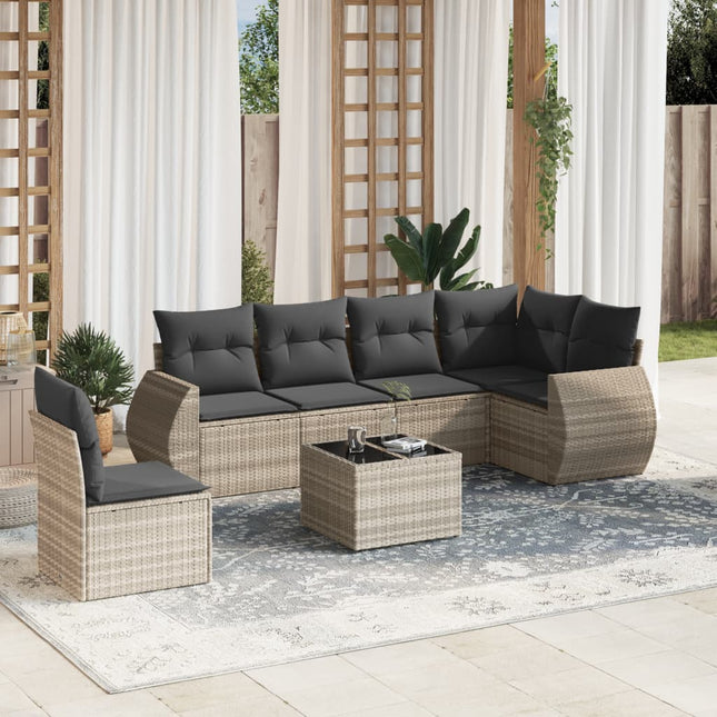 7-delige Loungeset met kussens poly rattan lichtgrijs