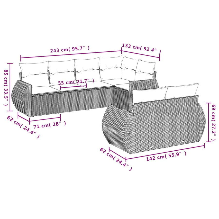 7-Delige Loungeset Met Kussens Poly Rattan Grijs