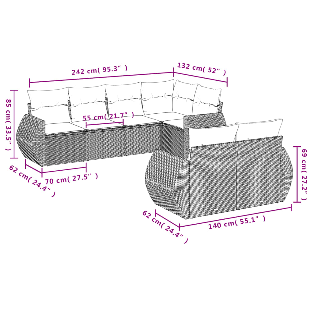 7-delige Loungeset met kussens poly rattan lichtgrijs